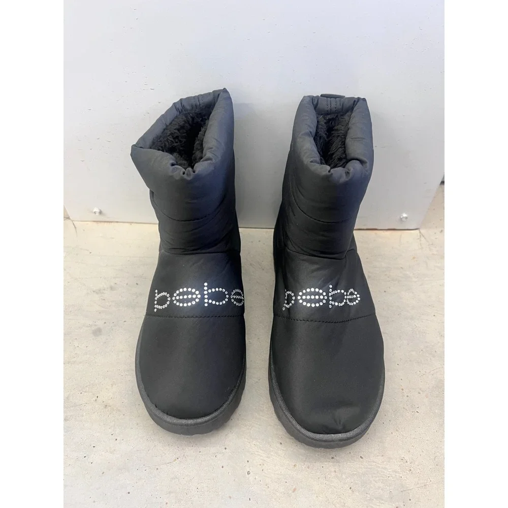 Bebe Winter Boots Girls US 1 Black Rhinestone Logo Fur Lined Platform Casual
